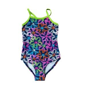 OP Girls One Piece Swimsuit Floral Neon Green Trim XS 4-5 OG21145Y NWT